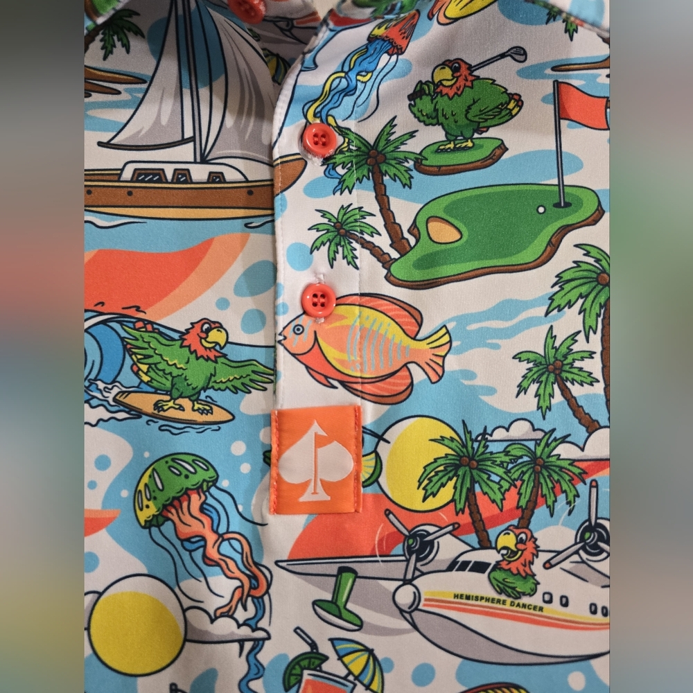 Pins & Aces Margaritaville Pins In Paradise Golf Polo XL Hawaiian Athletic Fit - Picture 6 of 7